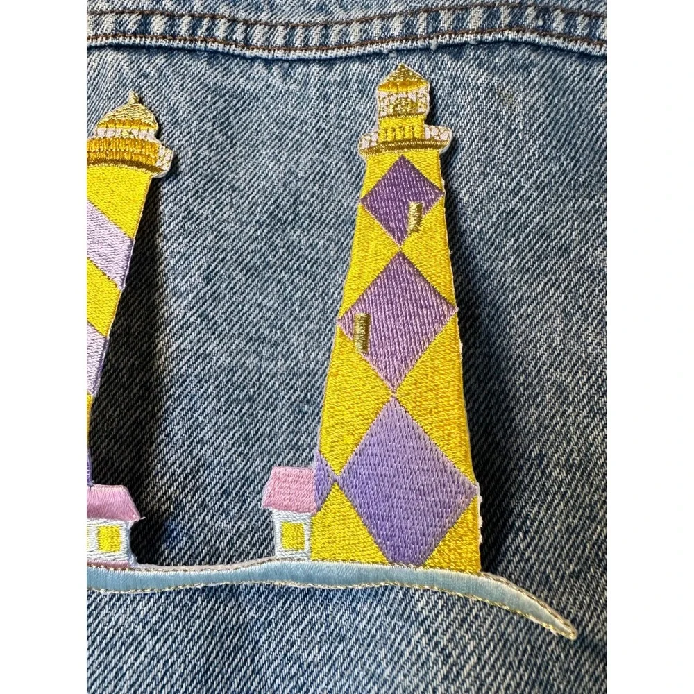 Lighthouse Trio iron On Patch Embroidered Pastel Yellow‎ Pink Coastal Nautical